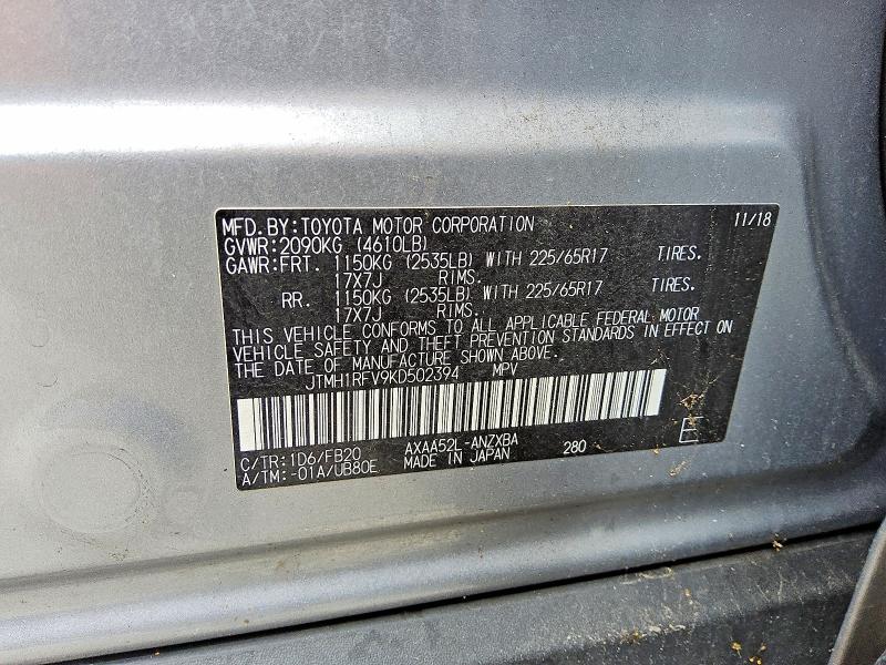54454096 :رقم المزاد ، JTMH1RFV9KD502394 vin ، 2019 Toyota Rav4 مزاد بيع