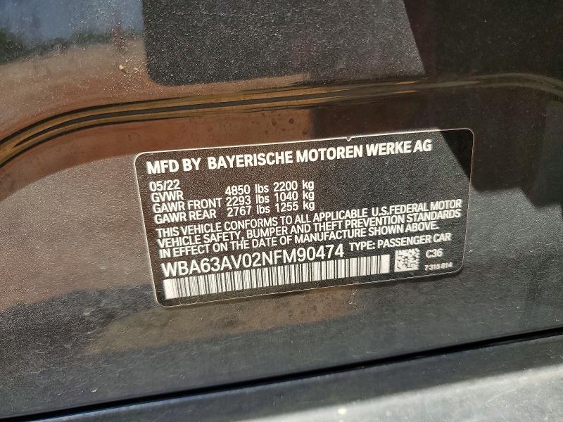 56533046 :رقم المزاد ، WBA63AV02NFM90474 vin ، 2022 Bmw 430i مزاد بيع