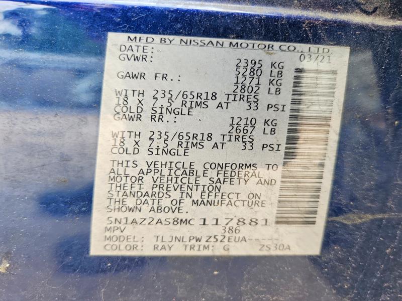Продаж на аукціоні авто 2021 Nissan Murano, vin: 5N1AZ2AS8MC117881, номер лоту: 58917096