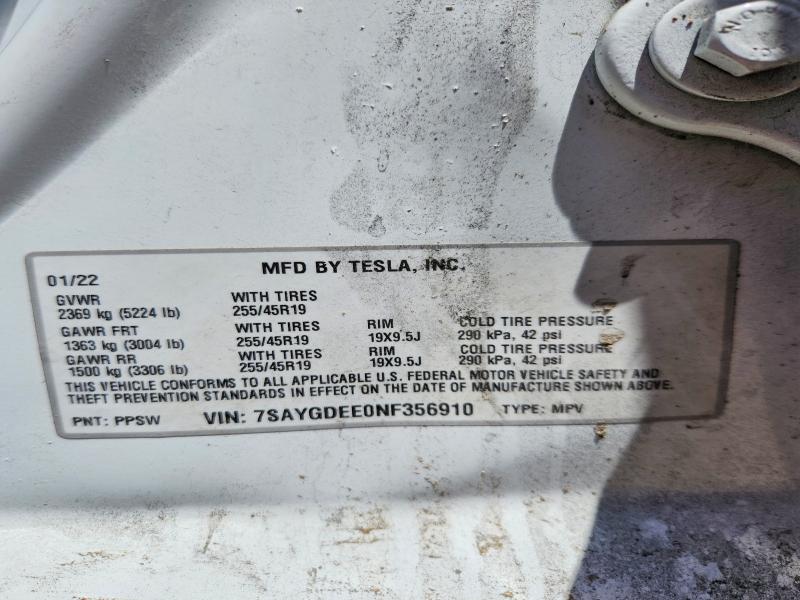 58660626 :رقم المزاد ، 7SAYGDEE0NF356910 vin ، 2022 Tesla Model Y مزاد بيع