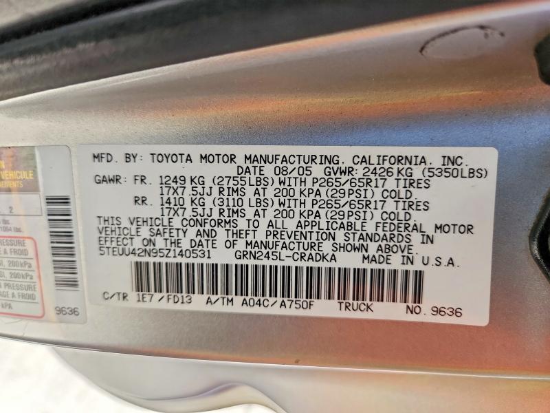 Aukcja sprzedaży 2005 Toyota Tacoma, vin: 5TEUU42N95Z140531, numer aukcji: 56730836