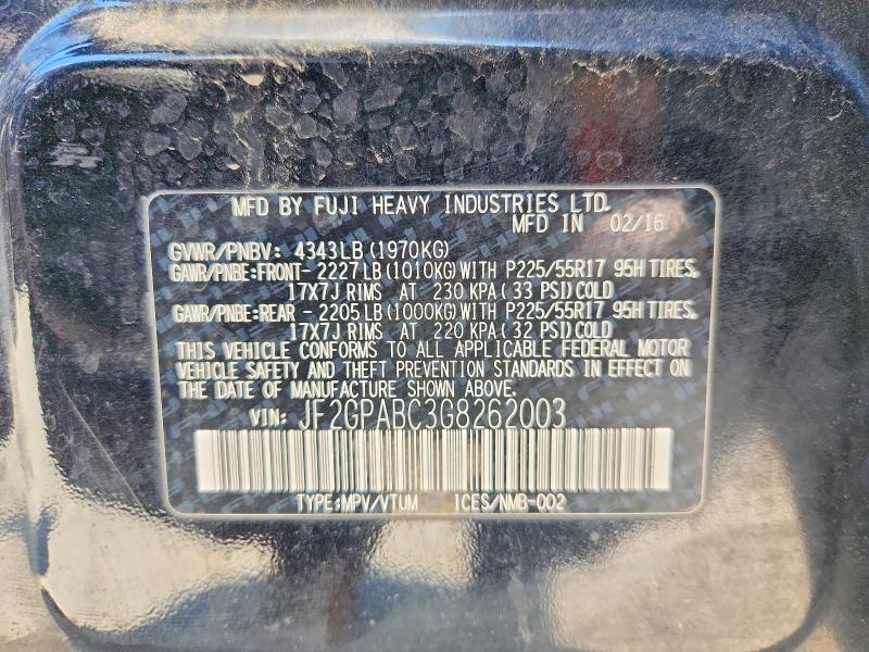 57392086 :رقم المزاد ، JF2GPABC3G8262003 vin ، 2016 Subaru Crosstrek مزاد بيع