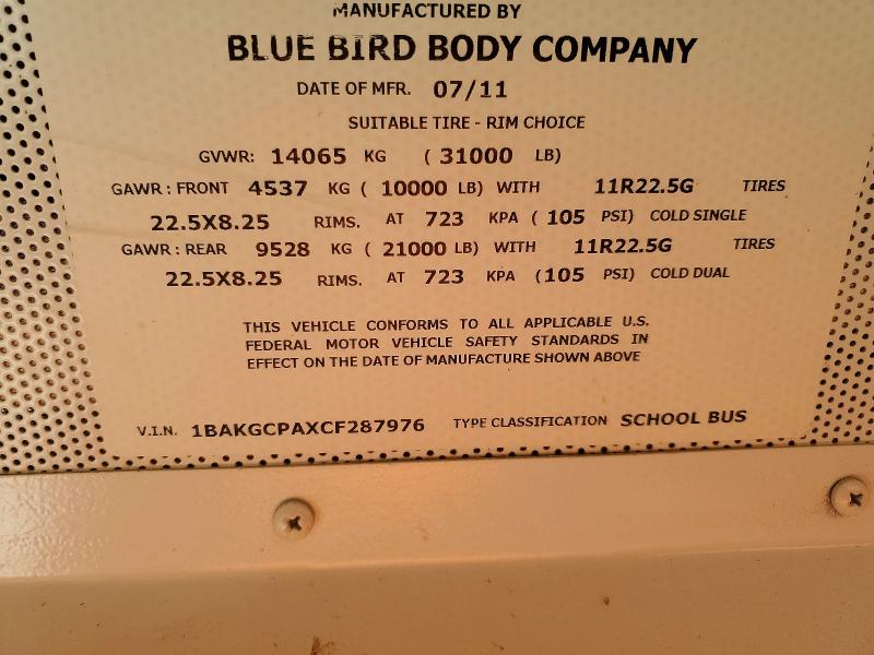 Aukcja sprzedaży 2012 Bluebird Vision, vin: 1BAKGCPAXCF287976, numer aukcji: 58135296
