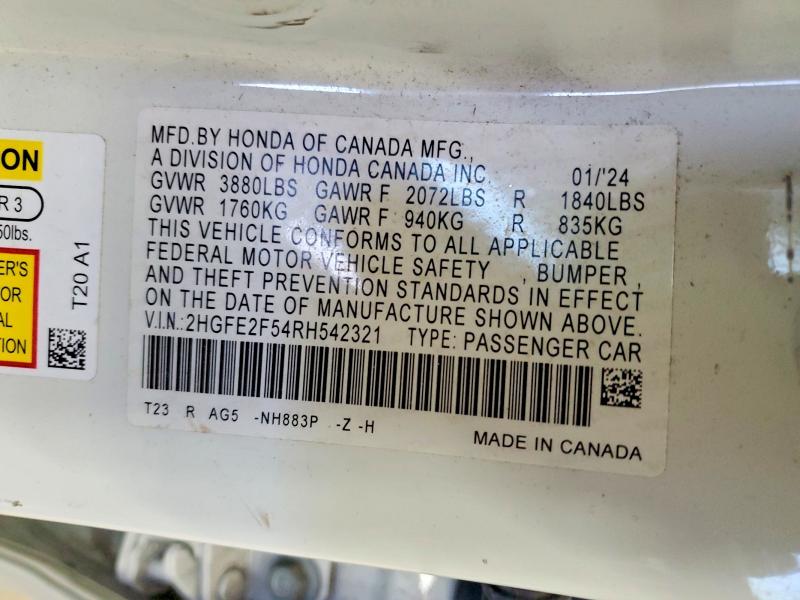 2024 Honda Civic მანქანა იყიდება აუქციონზე, vin: 2HGFE2F54RH542321, აუქციონის ნომერი: 56302876