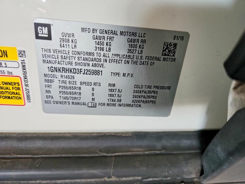 57850136 :رقم المزاد ، 1GNKRHKD3FJ259881 vin ، 2015 Chevrolet Traverse مزاد بيع