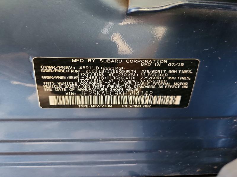 2019 Subaru Forester მანქანა იყიდება აუქციონზე, vin: JF2SKAEC9KH584142, აუქციონის ნომერი: 57569926