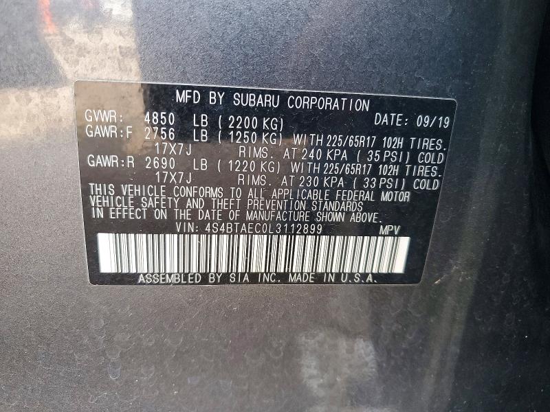 2020 Subaru Outback მანქანა იყიდება აუქციონზე, vin: 4S4BTAEC0L3112899, აუქციონის ნომერი: 93253715