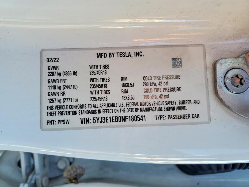 Продажа на аукционе авто 2022 Tesla Model 3, vin: 5YJ3E1EB0NF180541, номер лота: 57454636