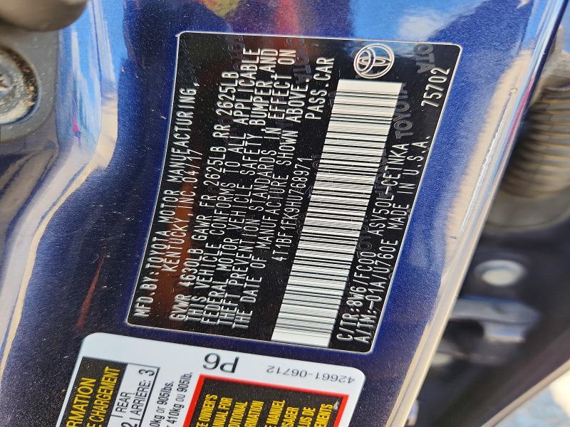 2017 Toyota Camry მანქანა იყიდება აუქციონზე, vin: 4T1BF1FK9HU768971, აუქციონის ნომერი: 58562846