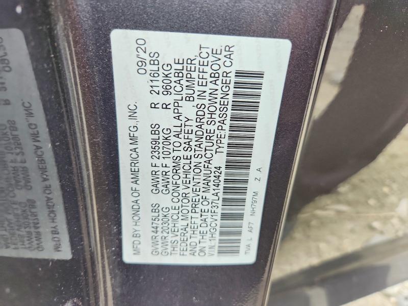 Aukcja sprzedaży 2020 Honda Accord, vin: 1HGCV1F37LA140424, numer aukcji: 58050456