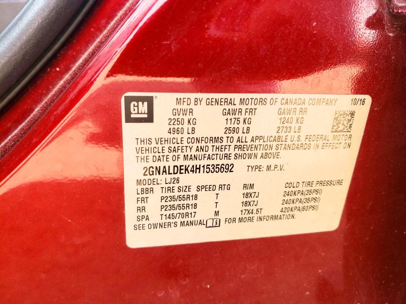 56152886 :رقم المزاد ، 2GNALDEK4H1535692 vin ، 2017 Chevrolet Equinox مزاد بيع