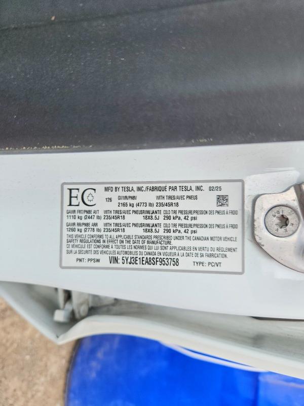 Auction sale of the 2025 Tesla Model 3, vin: 5YJ3E1EA8SF953758, lot number: 58115566