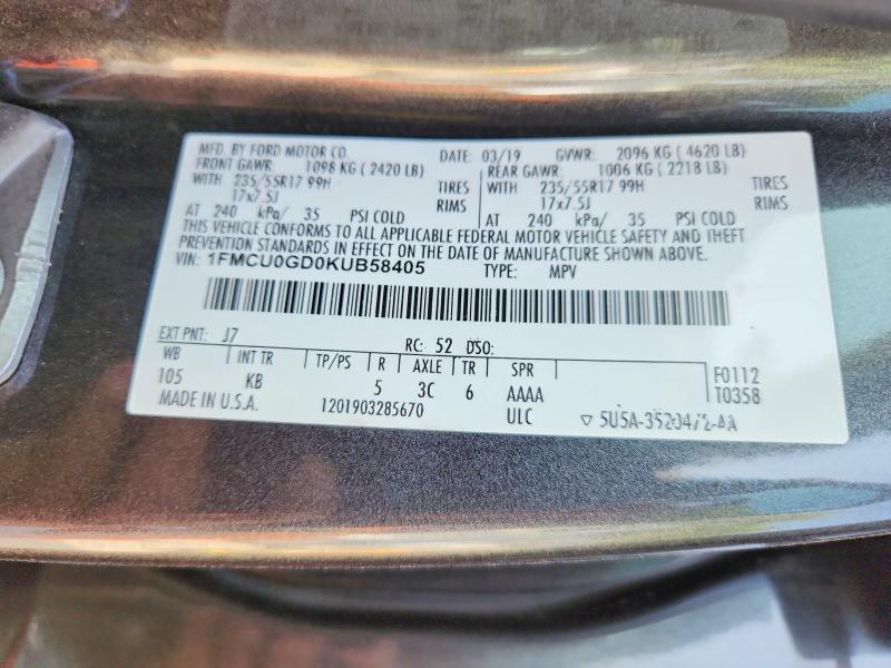 2019 Ford Escape მანქანა იყიდება აუქციონზე, vin: 1FMCU0GD0KUB58405, აუქციონის ნომერი: 56752796