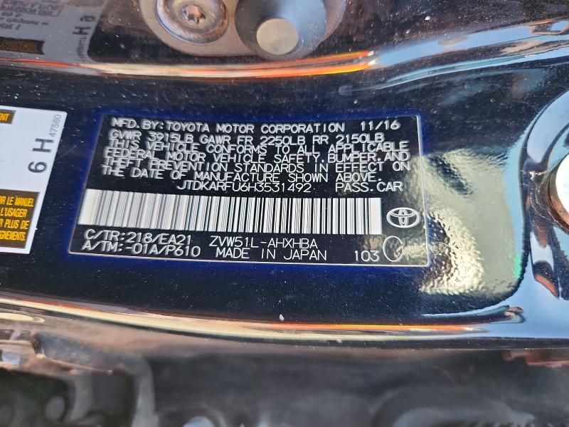 55787586 :رقم المزاد ، JTDKARFU6H3531492 vin ، 2017 Toyota Prius مزاد بيع