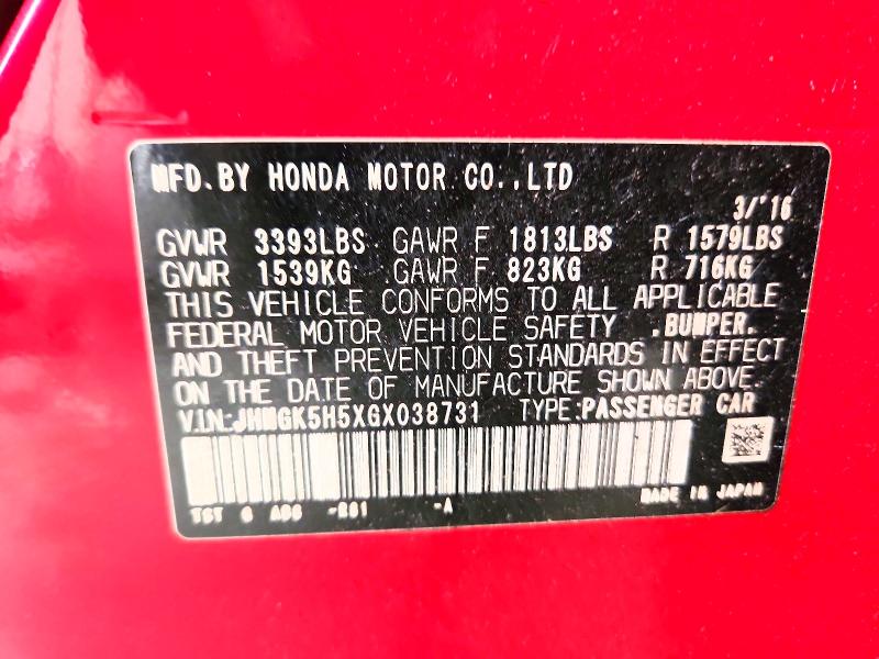 Auction sale of the 2016 Honda Fit, vin: JHMGK5H5XGX038731, lot number: 58753826