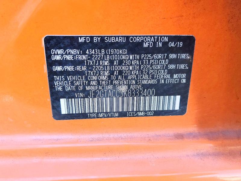 55753326 :رقم المزاد ، JF2GTACC3K8333400 vin ، 2019 Subaru Crosstrek مزاد بيع