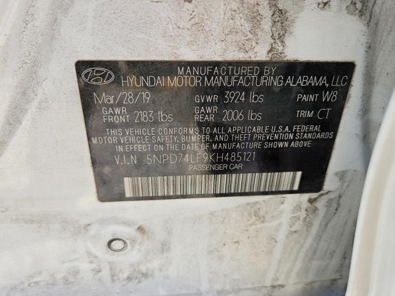 57690076 :رقم المزاد ، 5NPD74LF9KH485121 vin ، 2019 Hyundai Elantra مزاد بيع