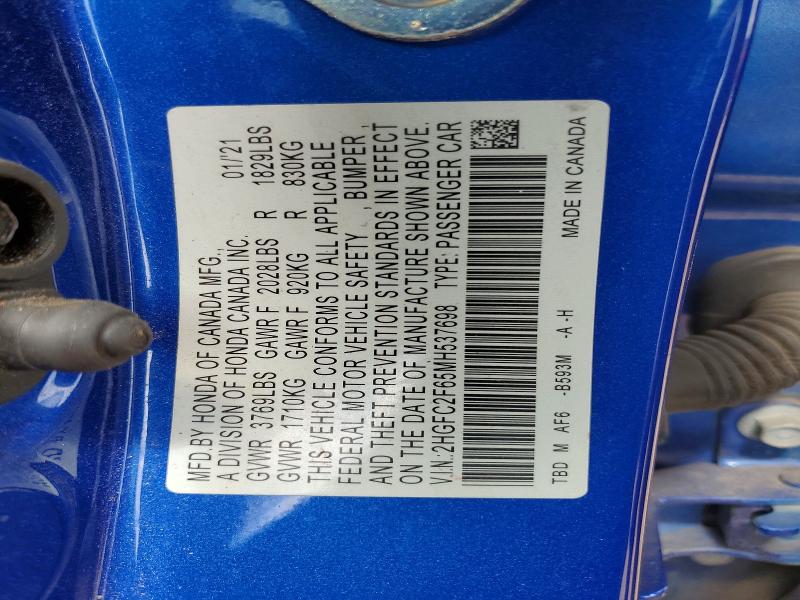 Продаж на аукціоні авто 2021 Honda Civic, vin: 2HGFC2F65MH537698, номер лоту: 55898716