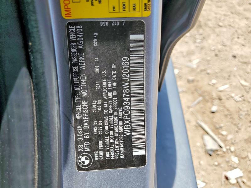55985636 :رقم المزاد ، WBXPC93478WJ20169 vin ، 2008 Bmw X3 3.0si مزاد بيع
