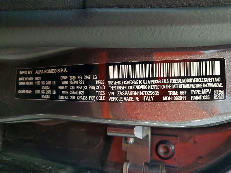 57686316 :رقم المزاد ، ZASPAKBN1N7D29635 vin ، 2022 Alfa Romeo Stelvio مزاد بيع