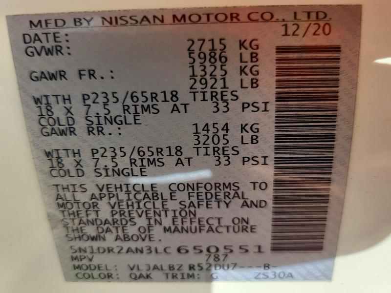 Продажа на аукционе авто 2020 Nissan Pathfinder, vin: 5N1DR2AN3LC650551, номер лота: 58708556