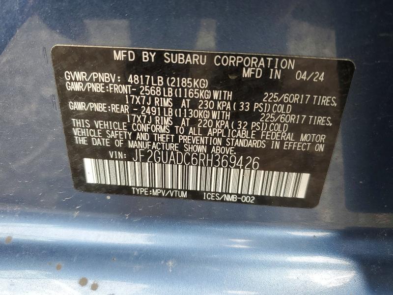 2024 Subaru Crosstrek მანქანა იყიდება აუქციონზე, vin: JF2GUADC6RH369426, აუქციონის ნომერი: 57620516