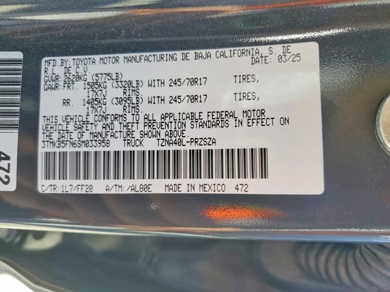 Продажа на аукционе авто 2025 Toyota Tacoma, vin: 3TMKB5FN6SM033958, номер лота: 57383266
