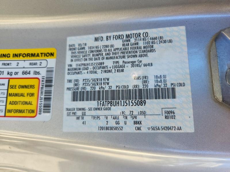 2018 Ford Mustang მანქანა იყიდება აუქციონზე, vin: 1FATP8UH1J5155089, აუქციონის ნომერი: 59351666