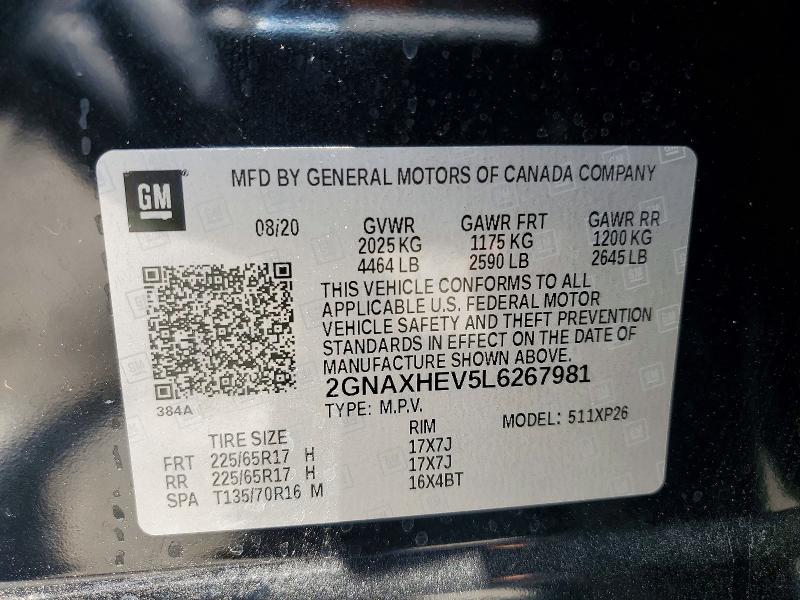 58996736 :رقم المزاد ، 2GNAXHEV5L6267981 vin ، 2020 Chevrolet Equinox مزاد بيع