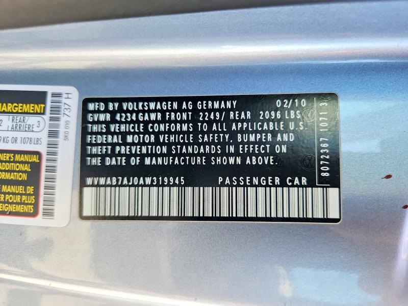 2010 Volkswagen Golf მანქანა იყიდება აუქციონზე, vin: WVWAB7AJ0AW319945, აუქციონის ნომერი: 56230056