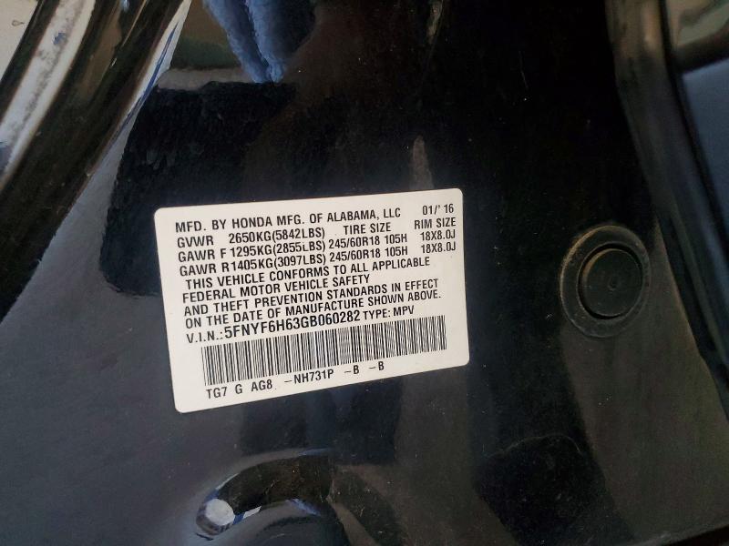 58653876 :رقم المزاد ، 5FNYF6H63GB060282 vin ، 2016 Honda Pilot مزاد بيع