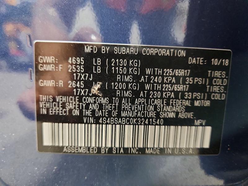 Продаж на аукціоні авто 2019 Subaru Outback, vin: 4S4BSABC0K3241540, номер лоту: 58983426