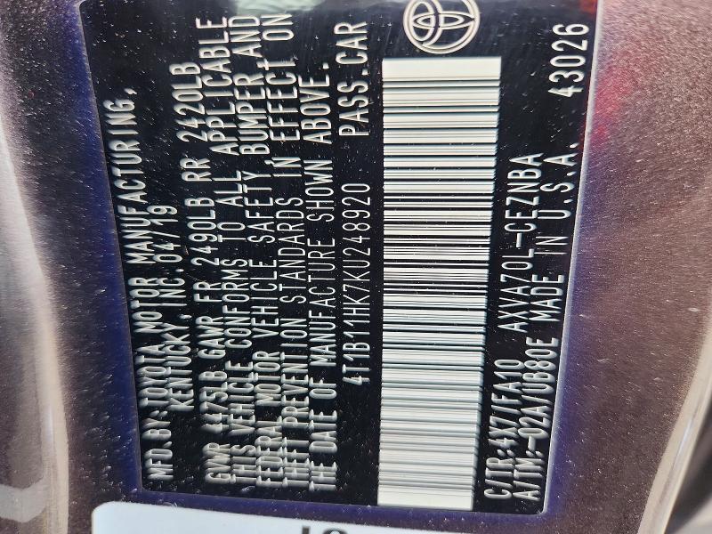 56103566 :رقم المزاد ، 4T1B11HK7KU248920 vin ، 2019 Toyota Camry مزاد بيع