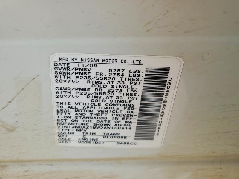 2010 Nissan Murano მანქანა იყიდება აუქციონზე, vin: JN8AZ1MW2AW108914, აუქციონის ნომერი: 58035766