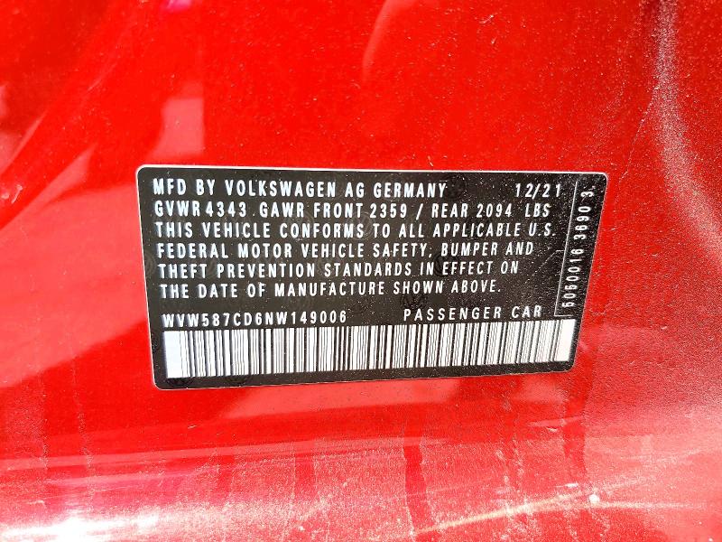 2022 Volkswagen Gti მანქანა იყიდება აუქციონზე, vin: WVW587CD6NW149006, აუქციონის ნომერი: 58539276