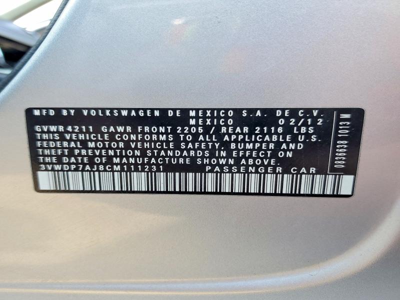 Auction sale of the 2012 Volkswagen Jetta, vin: 3VWDP7AJ8CM111231, lot number: 58634226