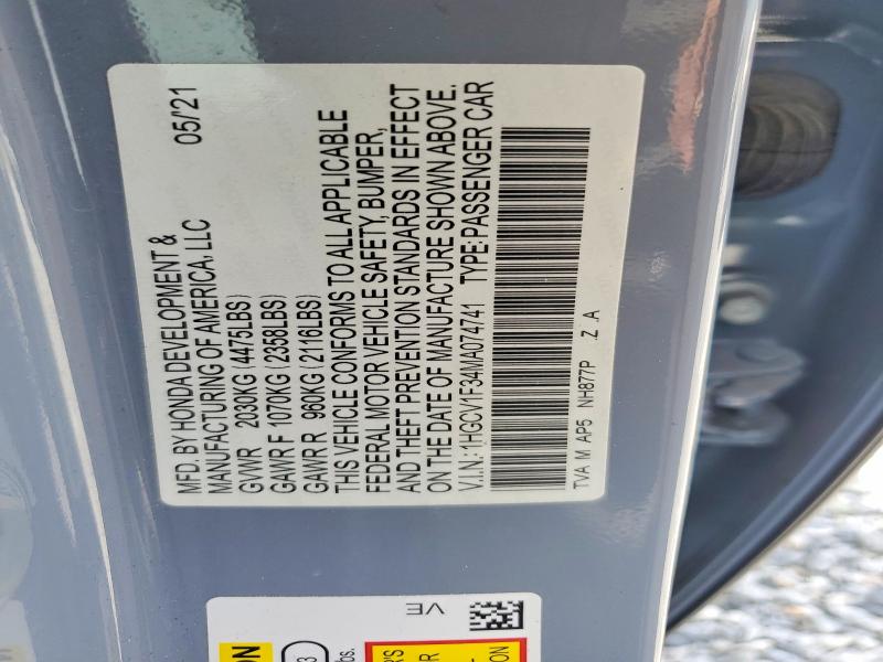 Продаж на аукціоні авто 2021 Honda Accord, vin: 1HGCV1F34MA074741, номер лоту: 77249045