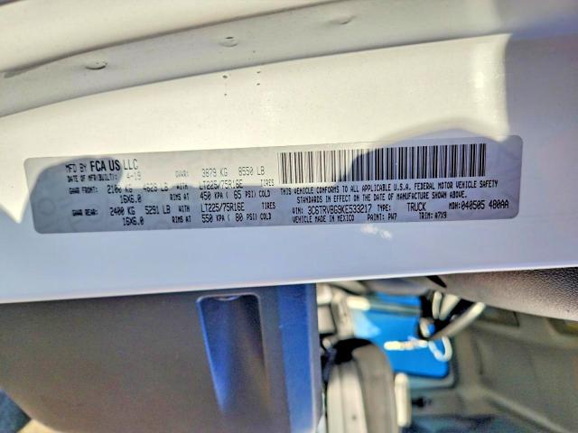 53208266 :رقم المزاد ، 3C6TRVBG9KE533217 vin ، 2019 Ram Promaster 1500 مزاد بيع