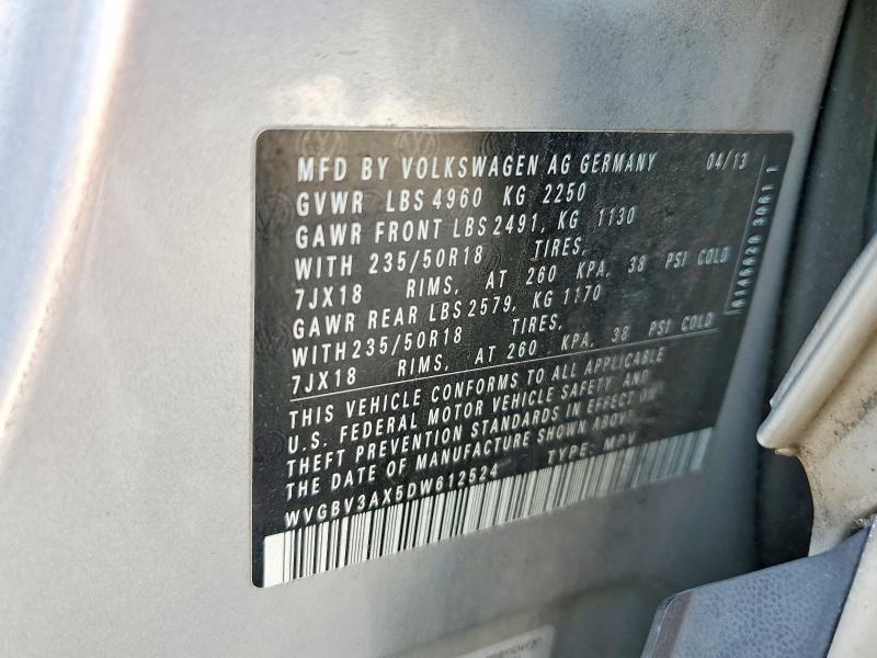 58636786 :رقم المزاد ، WVGBV3AX5DW612524 vin ، 2013 Volkswagen Tiguan مزاد بيع