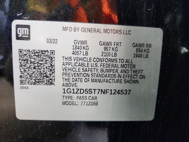 56681666 :رقم المزاد ، 1G1ZD5ST7NF124537 vin ، 2022 Chevrolet Malibu مزاد بيع