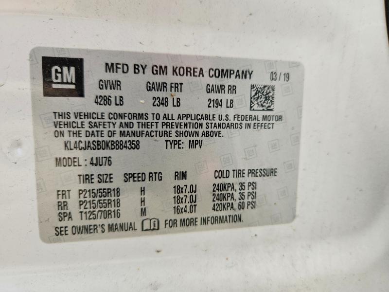 2019 Buick Encore მანქანა იყიდება აუქციონზე, vin: KL4CJASB0KB884358, აუქციონის ნომერი: 56966776