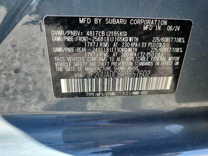 Aukcja sprzedaży 2024 Subaru Crosstrek, vin: JF2GUADC8R8857602, numer aukcji: 57324236