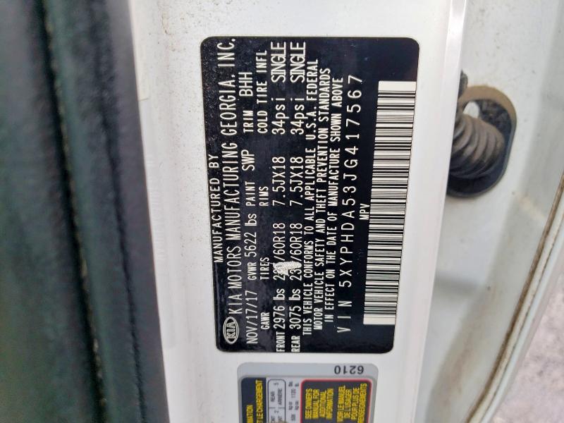 2018 Kia Sorento მანქანა იყიდება აუქციონზე, vin: 5XYPHDA53JG417567, აუქციონის ნომერი: 58016106