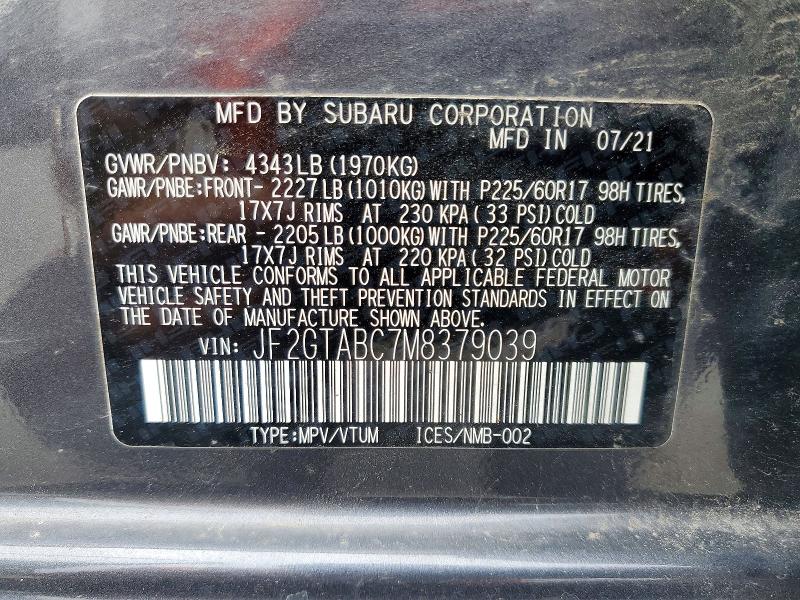 57941226 :رقم المزاد ، JF2GTABC7M8379039 vin ، 2021 Subaru Crosstrek مزاد بيع