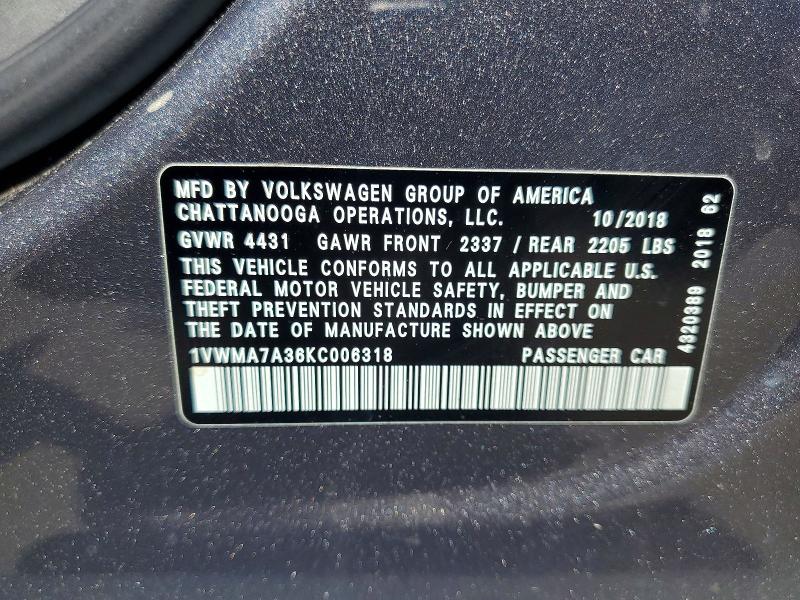 Aukcja sprzedaży 2019 Volkswagen Passat, vin: 1VWMA7A36KC006318, numer aukcji: 57358946