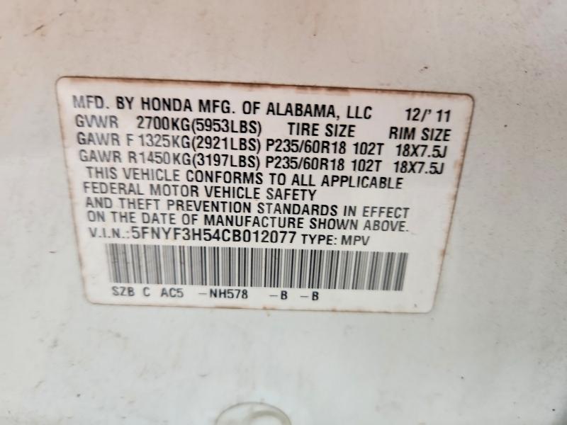 Продаж на аукціоні авто 2012 Honda Pilot, vin: 5FNYF3H54CB012077, номер лоту: 56886706