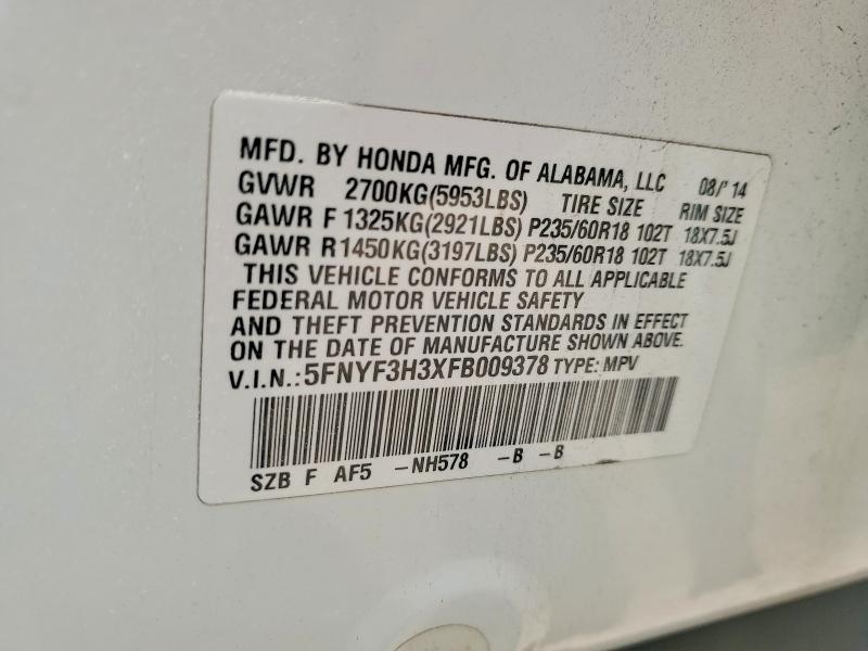 Aukcja sprzedaży 2015 Honda Pilot, vin: 5FNYF3H3XFB009378, numer aukcji: 55813096