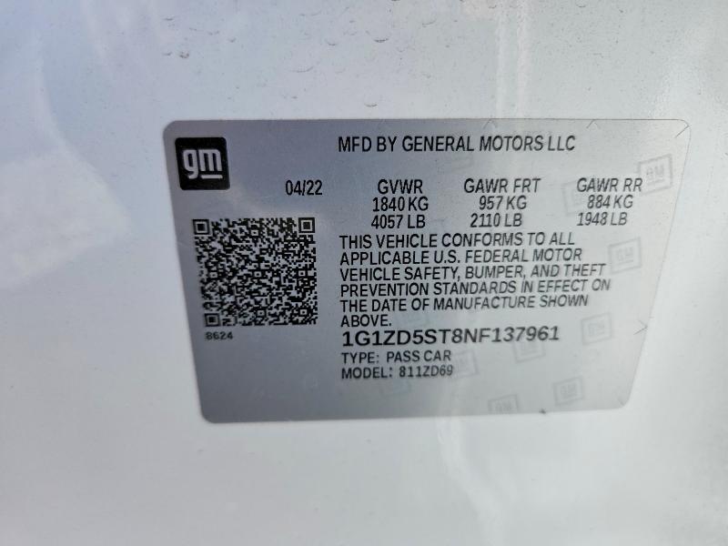 Aukcja sprzedaży 2022 Chevrolet Malibu, vin: 1G1ZD5ST8NF137961, numer aukcji: 58397166