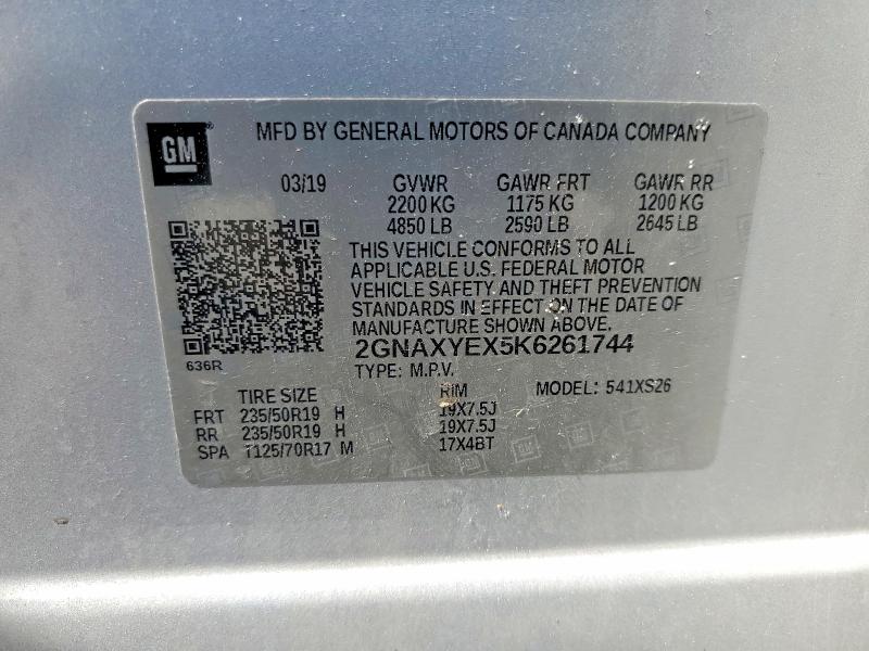 56240006 :رقم المزاد ، 2GNAXYEX5K6261744 vin ، 2019 Chevrolet Equinox مزاد بيع