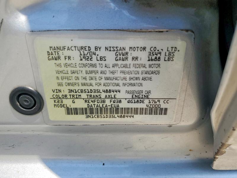 Aukcja sprzedaży 2005 Nissan Sentra, vin: 3N1CB51D35L488444, numer aukcji: 57846036